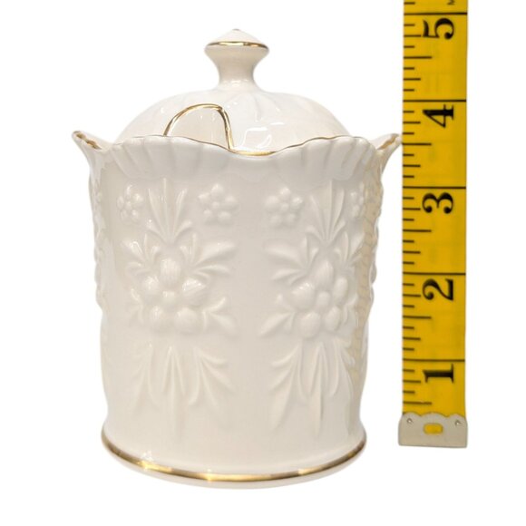 Vtg Aynsley Camellia Lidded Marmalade Jam Jar Cream Gold Trim Embossed 5" - Picture 7 of 10